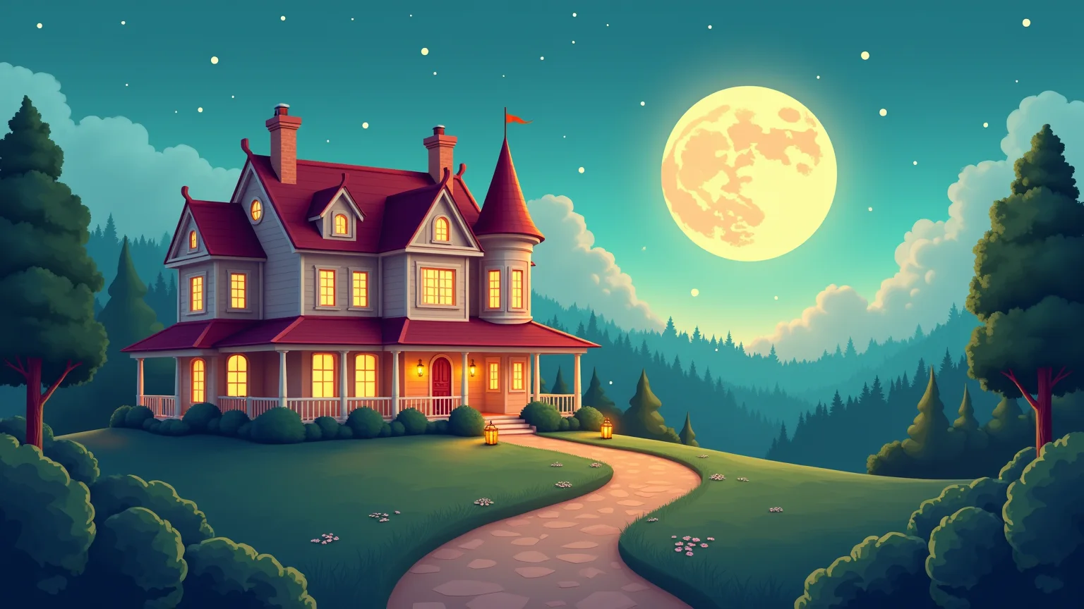 A cozy storybook manor at dusk, windows glowing — the scene of tonight's murder