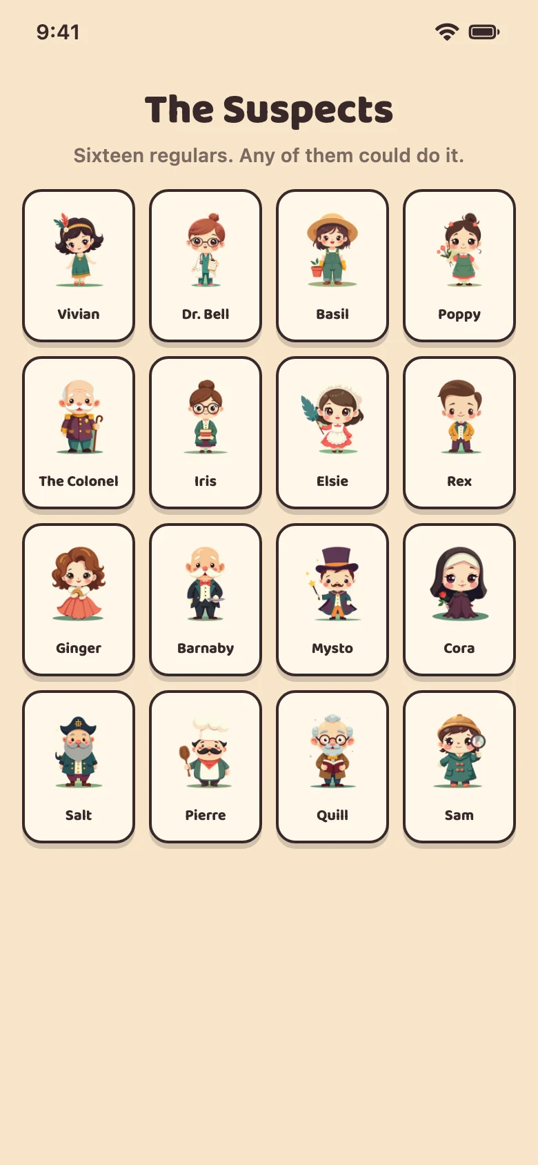 The sixteen suspect characters of Cozy Culprits
