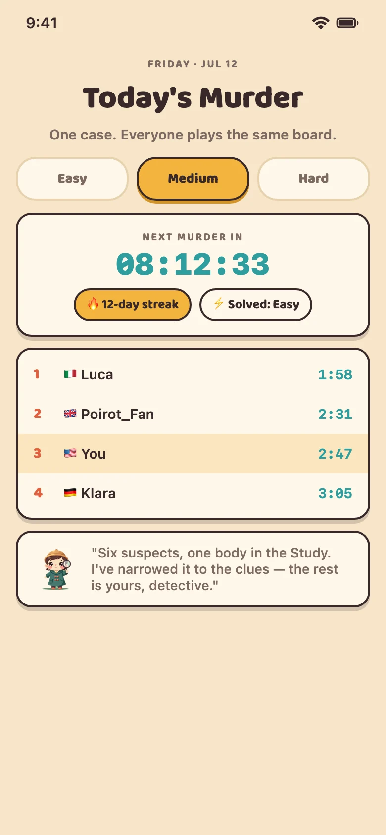 Daily murder screen with countdown, difficulty tabs, streak and leaderboard