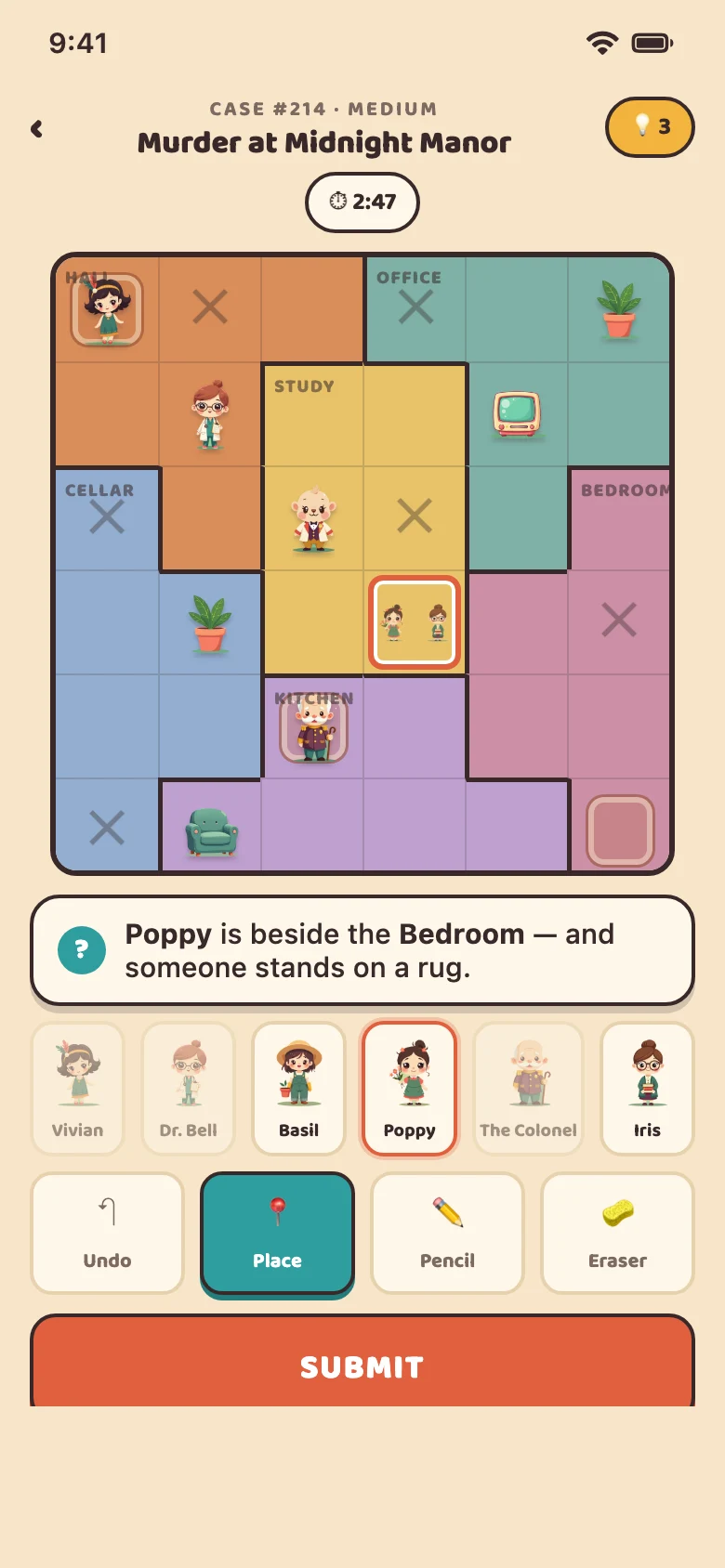 Cozy Culprits gameplay: the Murder at Midnight Manor case — a colorful grid of rooms with cute suspect characters, a clue card and Place/Pencil/Eraser tools