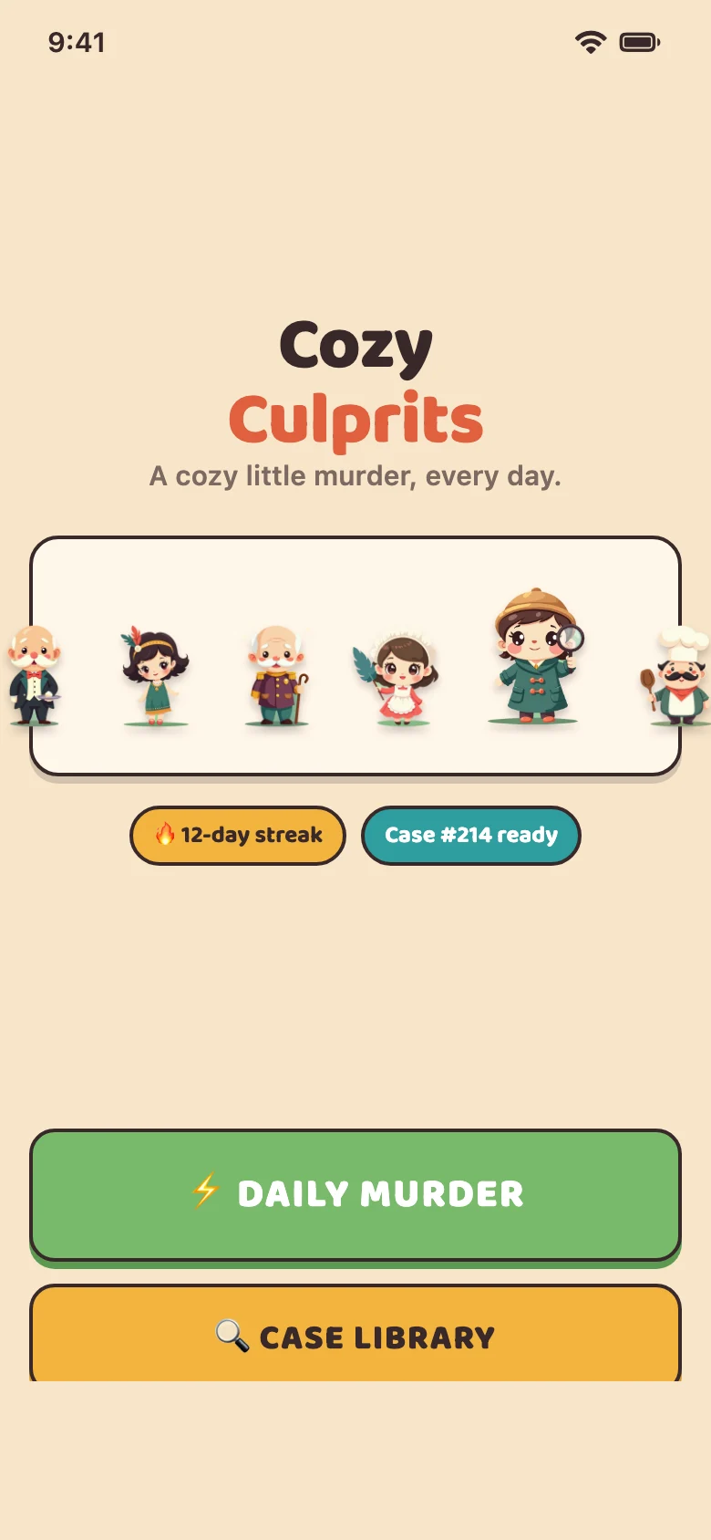 Cozy Culprits home screen with the daily murder and case library buttons